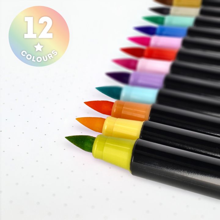 BRUSH MARKERS - SET OF 12 BRUSH MARKERS - PASTEL COLOURS - MULTICOLOR INK