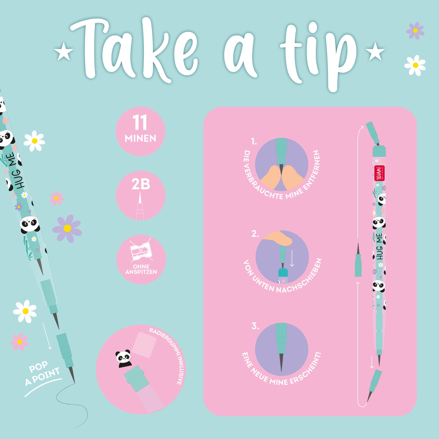 Stapelbarer Bleistift mit Radiergummi Panda - Take a Tip