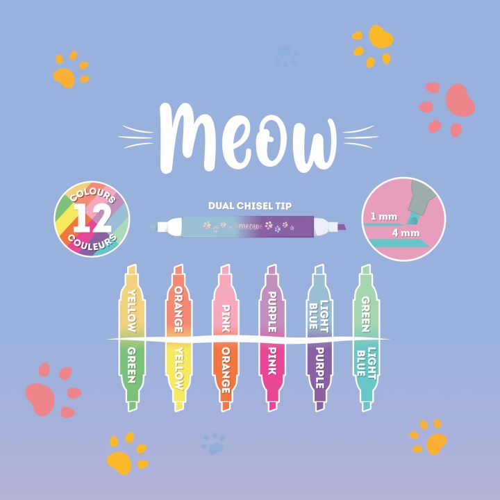 MEOW - 6 DUAL-TIP HIGHLIGHTERS - KITTY - MULTICOLOR INK
